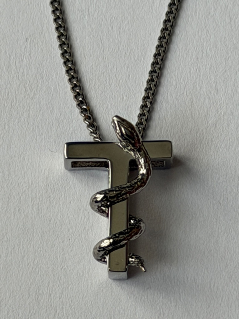 Saint Laurent YSL Sterling Silver T Initial Letter Snake Pendant Chain Necklace